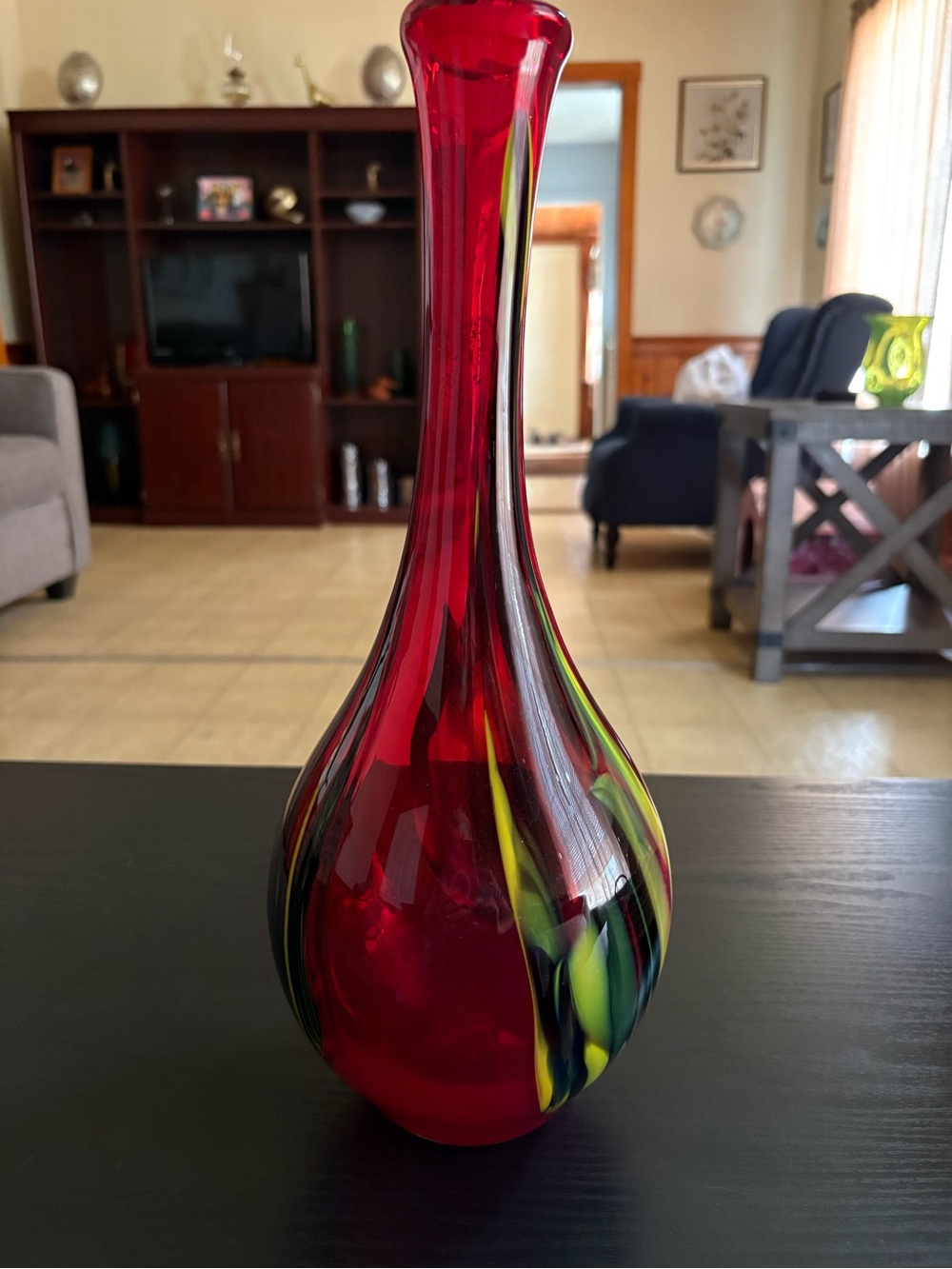 Pier 1 Imports Red Blown Glass Vase with Yellow, Green & Black Swirl - Picture 4 of 7